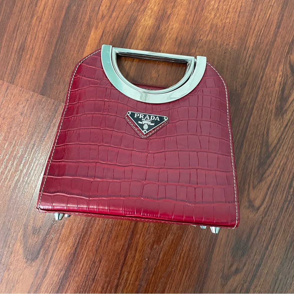 Red Croc-Embossed Mini Bag with Silver Accents